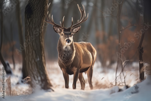 Deer male in winter snow forest, Generative ai © Marius
