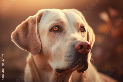 Golden retriever dog autumn portrait in yellow grass. Purebred pet labrador outdoors in sunny day close up. Ai generated