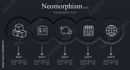 Set of international delivery icons. Global, shipping, package, transportation, logistics, world, globe. Airplane conept. Neomorphism style. Vector line icon for Business