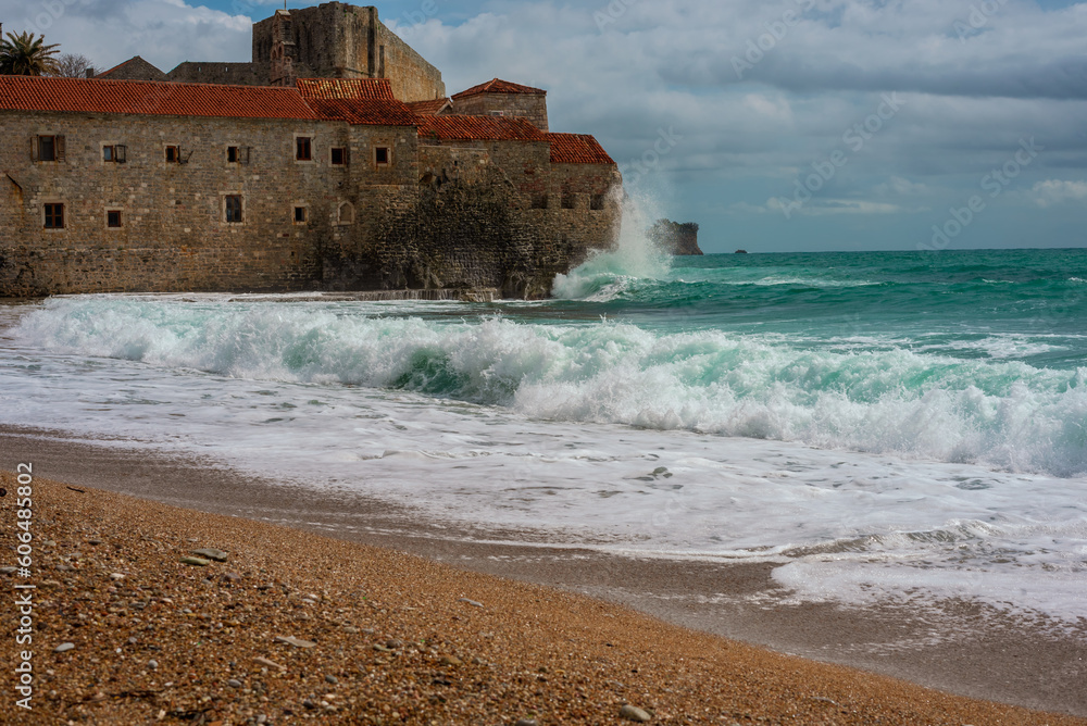 Waves hit the walls of the citadel in Budva during stormy weather.