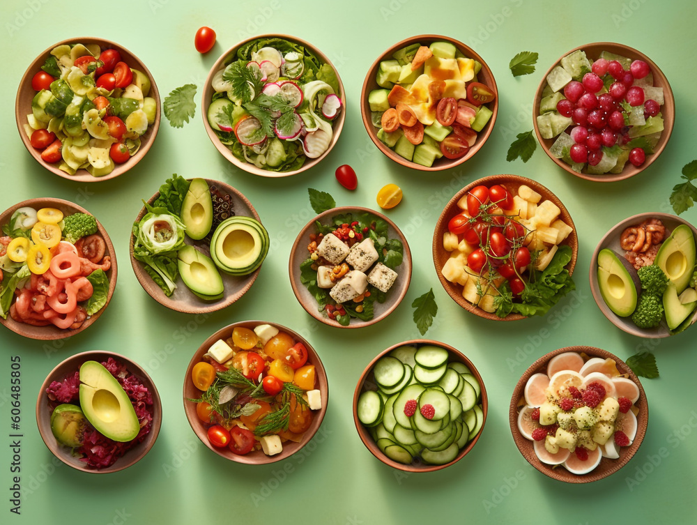 Assortment of salad on pastel background Assortment of salad on pastel background