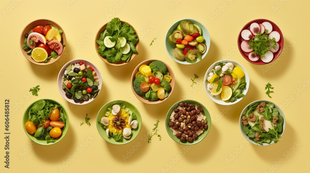 Assortment of salad on pastel background Assortment of salad on pastel background