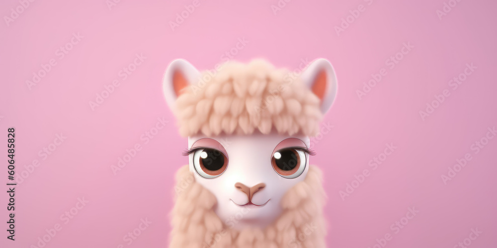 Portrait of a cute cartoon beige curly llama isolated on a flat pink background with copy space. The face of the llama, a children's character. Generative AI 3d render illustration imitation. Portrait of a cute cartoon beige curly llama isolated on a flat pink background with copy space. The face of the llama, a children's character. Generative AI 3d render illustration imitation.