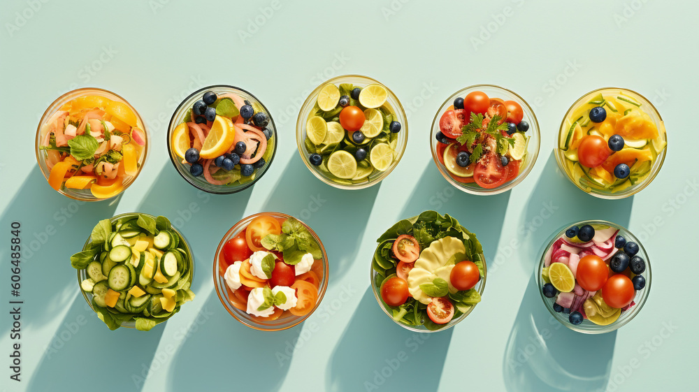Assortment of salad on pastel background Assortment of salad on pastel background