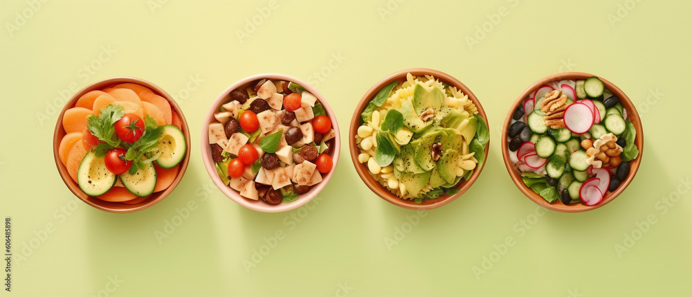 Assortment of salad on pastel background Assortment of salad on pastel background