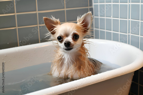 Adorabile cane di razza attento e  con pelo bagnato durante la procedura di igiene  photo
