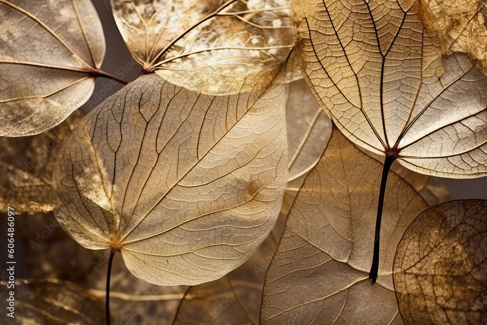 © ADDICTIVE STOCK - Generative AI illustration showing top view of transparent dry leaves with tentacle network spread over grey surface of autumn forest