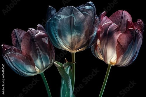 Generative AI closeup illustration of set of fresh flower tulip isolated on black background with clipping path