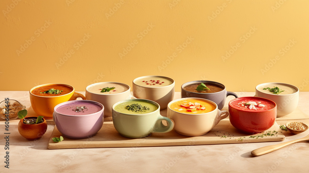 Assortment of soup on pastel background Assortment of soup on pastel background