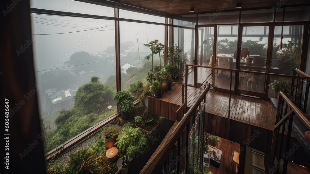 Modern house on the edge of a cliff close to the nature and all of this seen from above, from where one rarely sees it. Generative AI Technology 