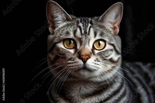 Studio photography of an American shorthair cat on dark background, isolate. Ai generated