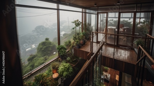 Modern house on the edge of a cliff close to the nature and all of this seen from above, from where one rarely sees it. Generative AI Technology 