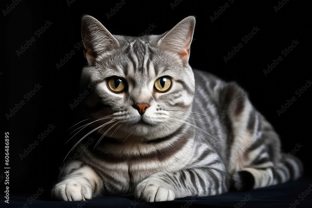 Studio photography of an American shorthair cat on dark background, isolate. Ai generated Studio photography of an American shorthair cat on dark background, isolate. Ai generated