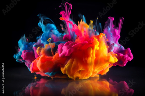 Amazing AI generated illustration of abstract cloud of various colors reflected in glossy surface while exploding on black background photo