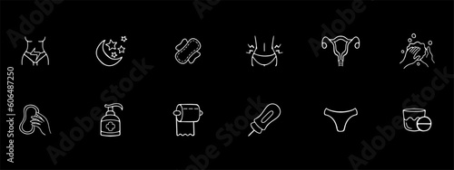 Menstruation icon set. Menstrual cycle, period tracker, feminine hygiene products, menstrual pain relief. Period concept. Black color background. Vector 12 line icon