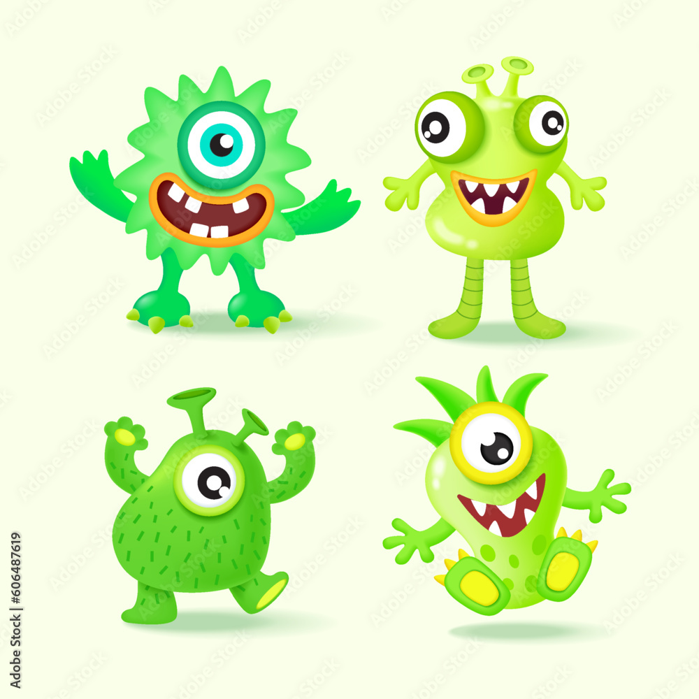 Fototapeta premium Cute Monsters Vector Set. .Kids cartoon character design for poster, .baby products logo and packaging design.