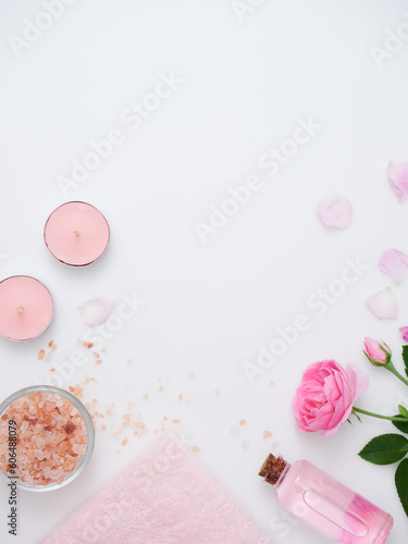 Spa composition with aromatic candles on white table