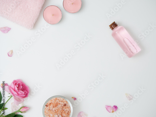 Spa composition with aromatic candles on white table
