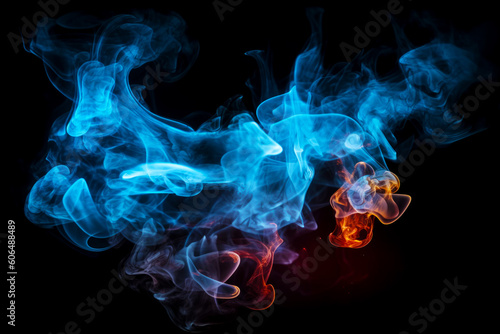 Blue and red smoke on black background with red light behind it. Generative AI.