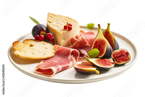 Italian appetizer prosciutto and cheeses served on white platter with figs cut out. Generative AI illustration