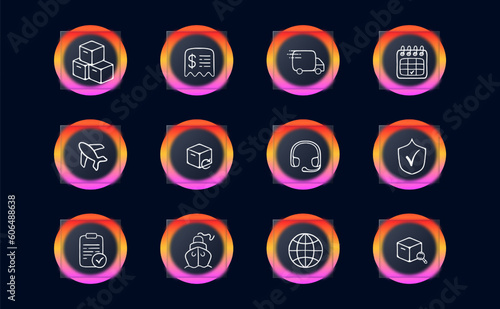 Set of international delivery icons. Parcel, globe, transportation, logistics. Shipping concept. Neomorphism style. Vector line icon for Business