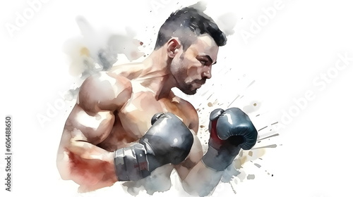 Watercolor image of man wearing boxing gloves and punching his fist. Generative AI.