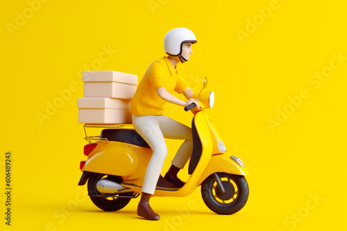 Man riding yellow scooter with stack of boxes on the back of it. Generative AI.