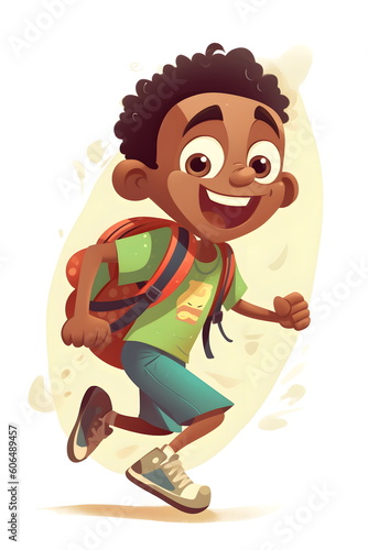 Cartoon boy with backpack running with smile on his face and smile on his face. Generative AI.