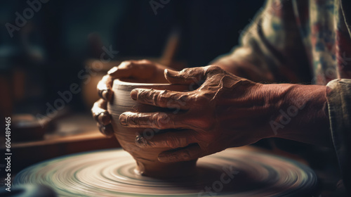 Canvas-taulu Person holding clay pot on potter's wheel with their hands