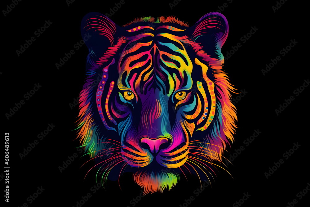 Colorful tiger's face on black background with the colors of the rainbow. Generative AI.