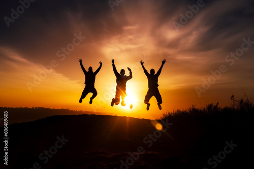 Three people jumping in the air with their arms in the air at sunset. Generative AI.