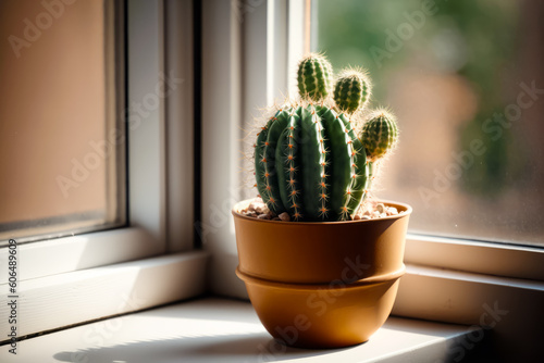 Cactus in pot sitting on window sill next to window. Generative AI.
