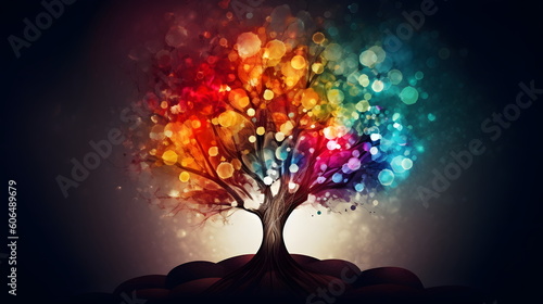 Colorful tree with lots of lights on it's branches and leaves. Generative AI. © valentyn640