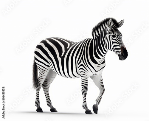 Zebra standing on white surface with its mouth open and tongue out. Generative AI.