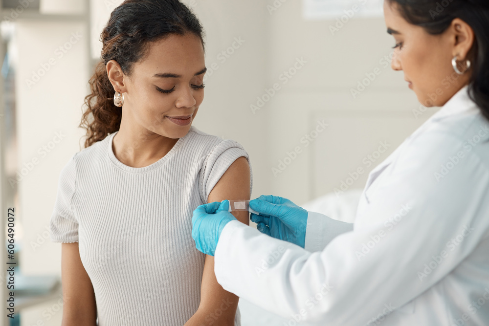 Doctor, patient and plaster for vaccination at a clinic for health and wellness for virus. Healthcare, vaccine and patch at the hospital with cure for safety with medical results with medicine. Doctor, patient and plaster for vaccination at a clinic for health and wellness for virus. Healthcare, vaccine and patch at the hospital with cure for safety with medical results with medicine.