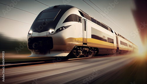 Super fast Train automobile concept design with fire. Luxury speed race Train automotive concept with flames. High speed modern Train with motion blur background Ai generated image