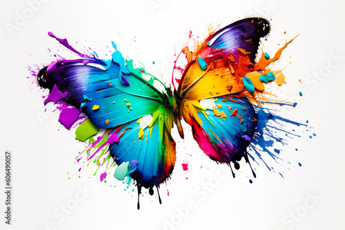 Colorful butterfly with paint splattered all over it's wings. Generative AI. © valentyn640