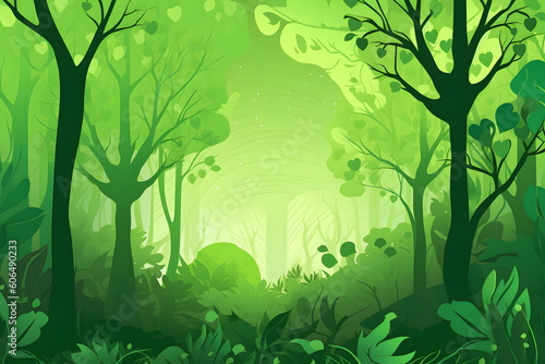 Image of green forest with lots of trees and leaves on the ground. Generative AI.