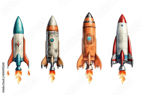 Papier peint A collection of launched cartoon rockets isolated on clear PNG background, colorful , Successful startup company concept