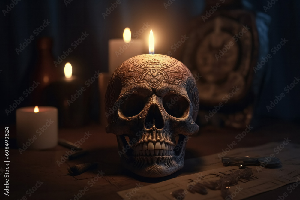 Generative AI illustration of vivid decorated human skull with burning candles on wooden table in dark room during Halloween celebration at night Generative AI illustration of vivid decorated human skull with burning candles on wooden table in dark room during Halloween celebration at night