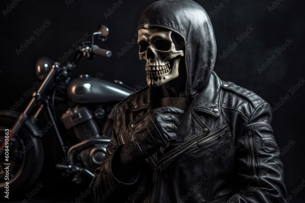 Generative AI illustration of unrecognizable skull head rider in leather jacket with hood standing near motorbike over dark background Generative AI illustration of unrecognizable skull head rider in leather jacket with hood standing near motorbike over dark background