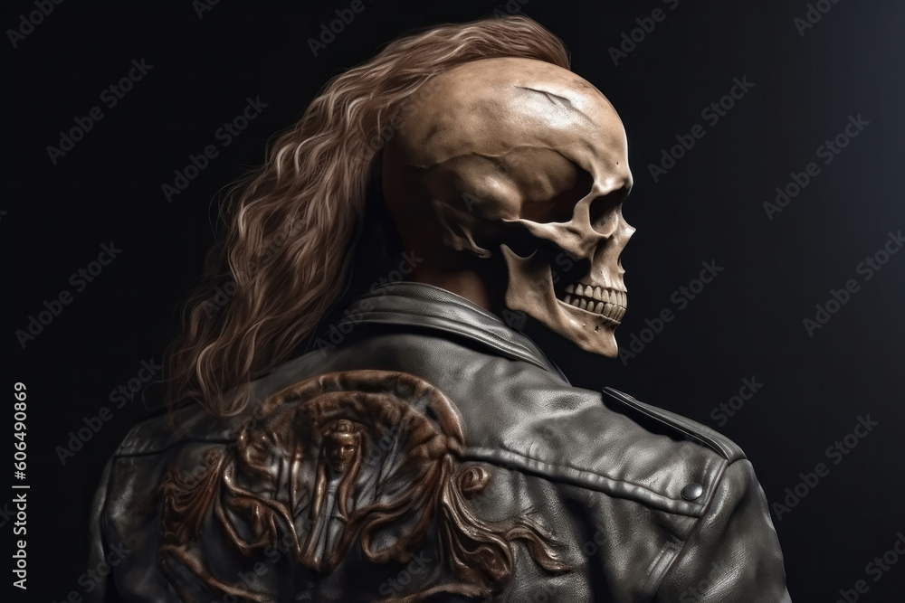 Generative AI illustration showing back view of human skull with long hair in leather jacket standing against black background and looking away Generative AI illustration showing back view of human skull with long hair in leather jacket standing against black background and looking away
