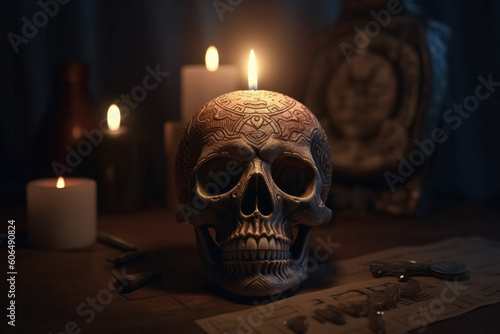 Generative AI illustration of vivid decorated human skull with burning candles on wooden table in dark room during Halloween celebration at night photo