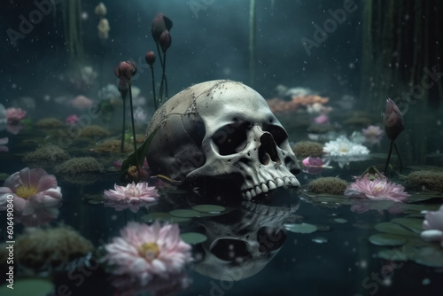Generative AI illustration of dry skull floating on pond with lilies and purple flowers with leaves against smoky dark background