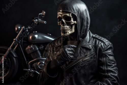 Generative AI illustration of unrecognizable skull head rider in leather jacket with hood standing near motorbike over dark background photo