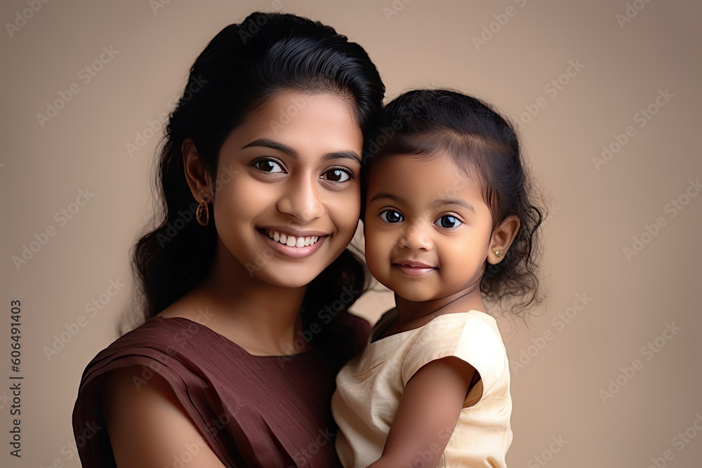Indian mother and child light brown plain background generative ai Indian mother and child light brown plain background generative ai