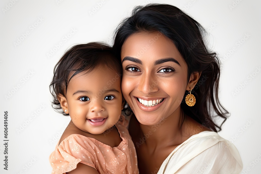 Indian mother and child white plain background generative ai Indian mother and child white plain background generative ai