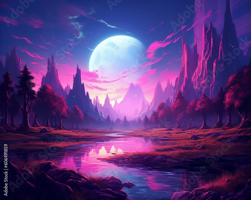 A Lone Moon lit up by nature, in the style of synth wave, light amber and magenta, elaborate landscapes, light indigo and amber