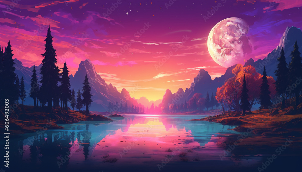 A Lone Moon lit up by nature, in the style of synth wave, light amber and magenta, elaborate landscapes, light indigo, and amber
