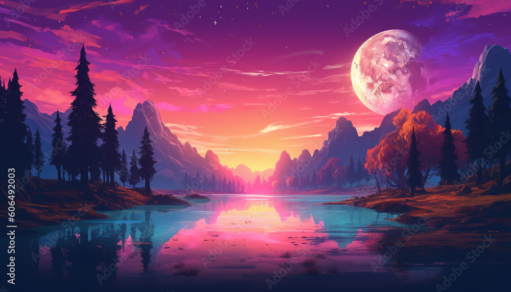Obraz premium A Lone Moon lit up by nature, in the style of synth wave, light amber and magenta, elaborate landscapes, light indigo, and amber